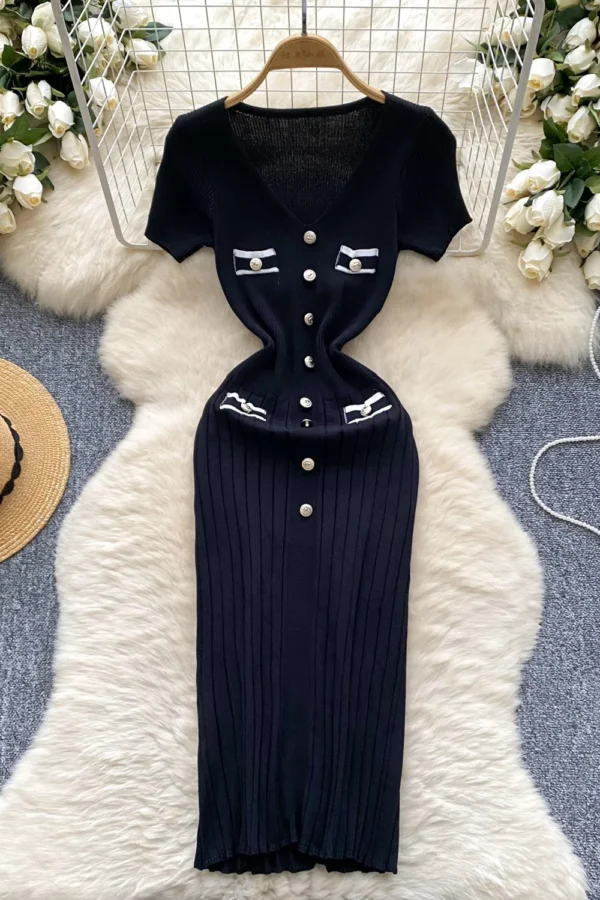 Alternative view of Women V Neck Short Sleeve Knit Bodycon Dress Office Lady Style Knee Length