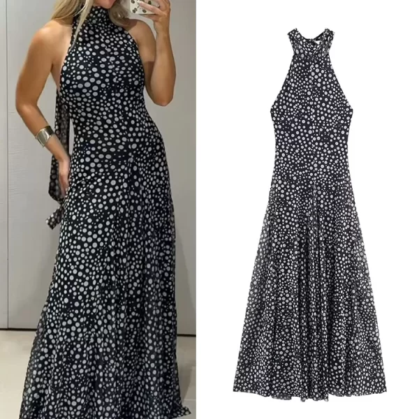 Women's Halter Dot Ankle Length Summer Dress Backless Sleeveless