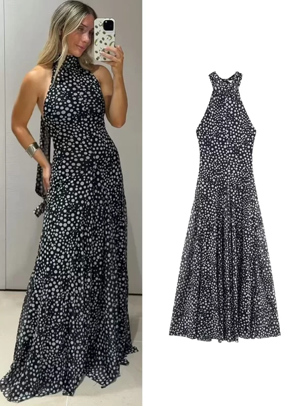Women's Halter Dot Ankle Length Summer Dress Backless Sleeveless
