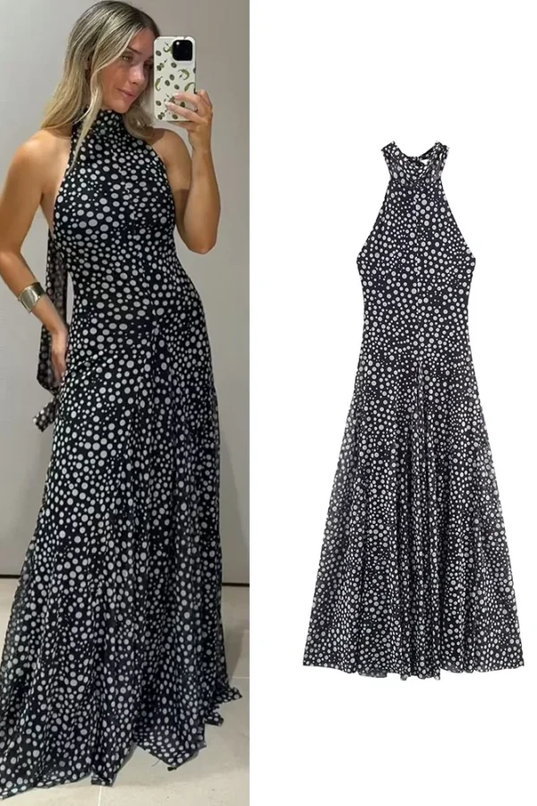 Women's Halter Dot Ankle Length Summer Dress Backless Sleeveless