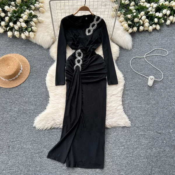 Autumn Winter Womens Vintage V-Neck Rhinestone Slim Ankle Length Dress