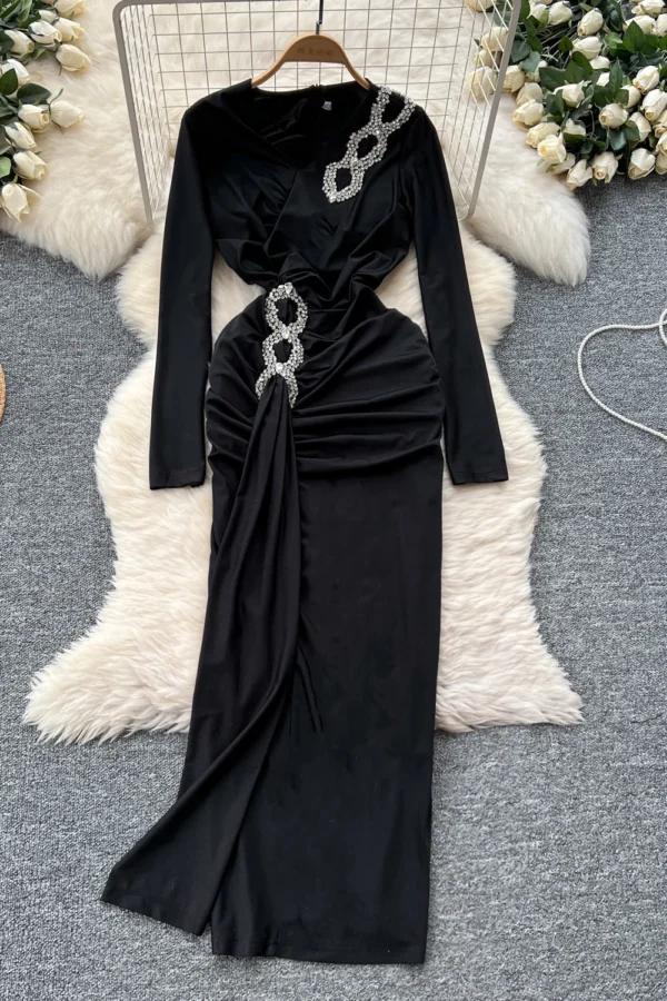 Autumn Winter Womens Vintage V-Neck Rhinestone Slim Ankle Length Dress