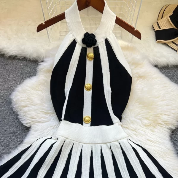 Alternative view of Sexy Halter Knit Dress Black White Striped Pleated Mini Dress for Women