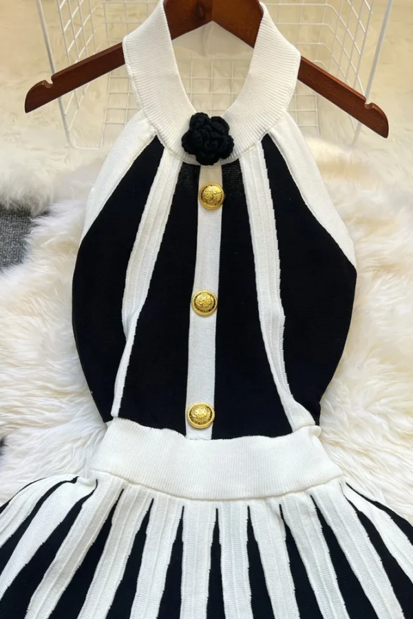 Alternative view of Sexy Halter Knit Dress Black White Striped Pleated Mini Dress for Women