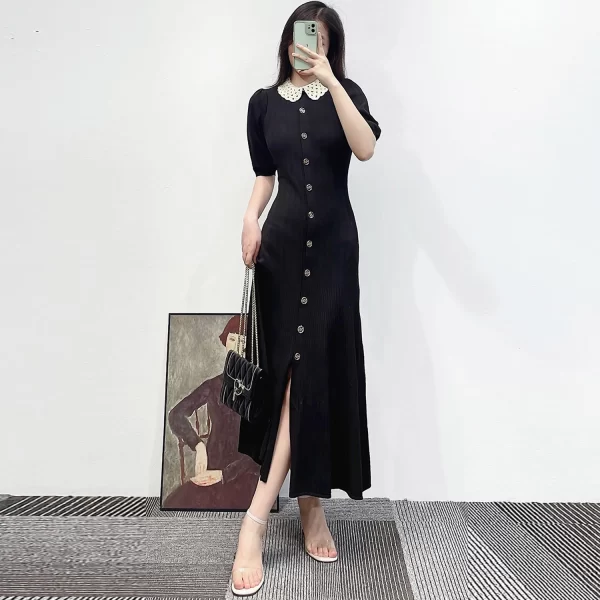 Alternative view of Black Knit Summer Dress for Women A Line Puff Sleeve Mid Calf Length