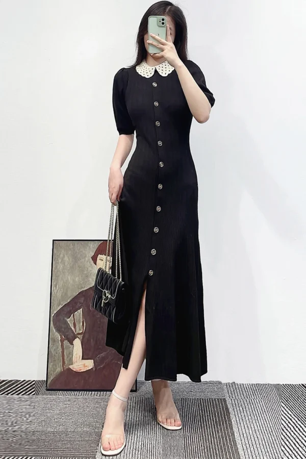 Alternative view of Black Knit Summer Dress for Women A Line Puff Sleeve Mid Calf Length