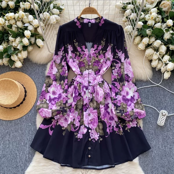 French Print V-Neck Long Sleeve A Line Casual Dress Mid Calf Autumn