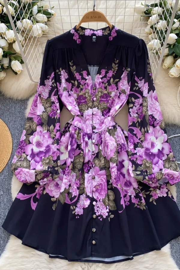 French Print V-Neck Long Sleeve A Line Casual Dress Mid Calf Autumn