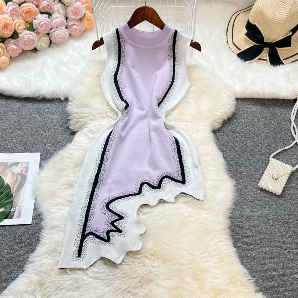 Alternative view of Women Knit Summer Dress Irregular Hem Geometric Pattern Sleeveless