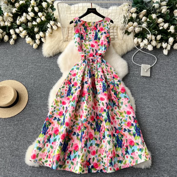 Retro Print Summer Dress for Women Spaghetti Strap Mini Club Style