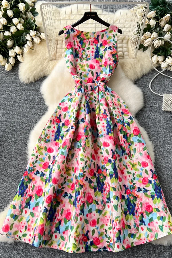 Retro Print Summer Dress for Women Spaghetti Strap Mini Club Style