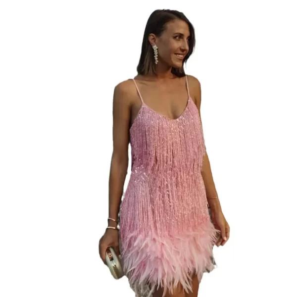 Summer Womens V-Neck Knee Length Sleeveless Dress with Feathers and Sequins