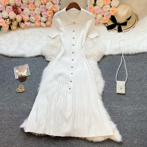 Alternative view of Spring Summer Women Knitted A Line Dress Turn Down Collar Mid Calf Length