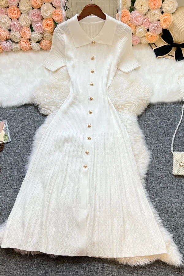 Alternative view of Spring Summer Women Knitted A Line Dress Turn Down Collar Mid Calf Length