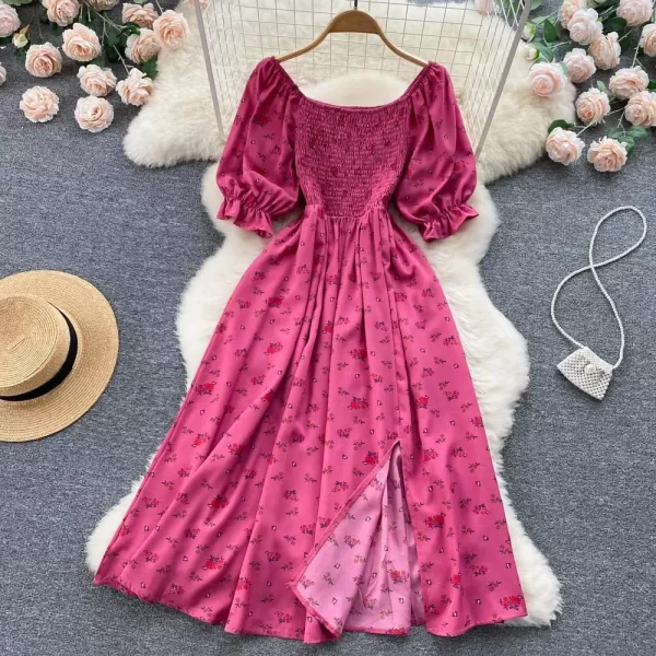 Alternative view of Floral Print Summer Dress for Women Puff Sleeve A Line Mid Calf Beach Style