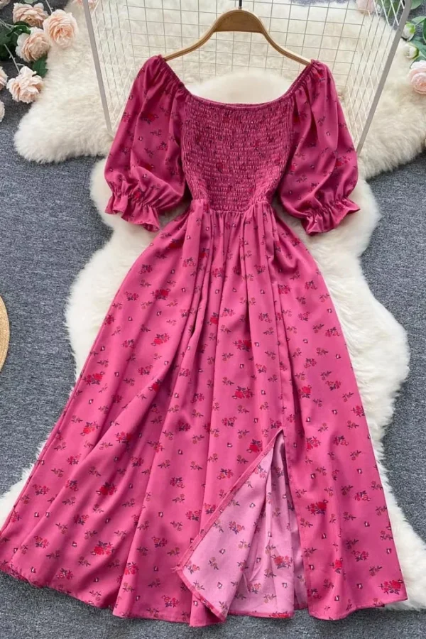 Alternative view of Floral Print Summer Dress for Women Puff Sleeve A Line Mid Calf Beach Style