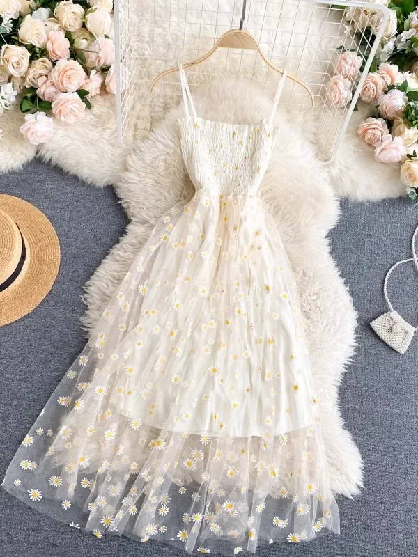 Alternative view of Women Summer Floral Mesh Beach Dress Spaghetti Strap Knee-Length A-Line