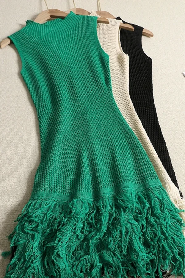 Knitted Mini Tassel Dress for Women Summer Beach Style A-Line Pullover