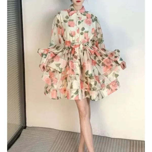 Alternative view of Retro Elegant Polo Neck Lantern Sleeve A Line Print Dress for Women