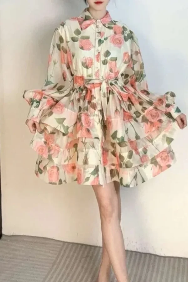 Alternative view of Retro Elegant Polo Neck Lantern Sleeve A Line Print Dress for Women