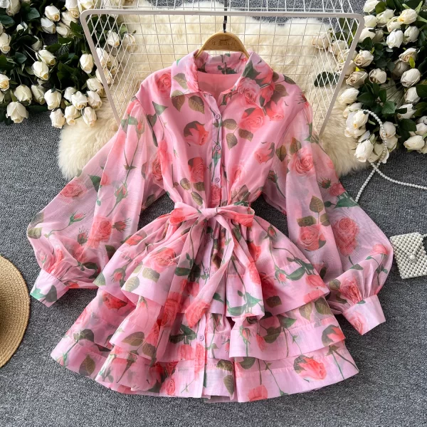 Retro Elegant Polo Neck Lantern Sleeve A Line Print Dress for Women