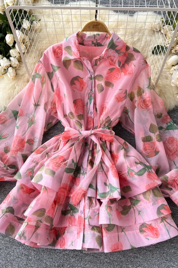 Retro Elegant Polo Neck Lantern Sleeve A Line Print Dress for Women