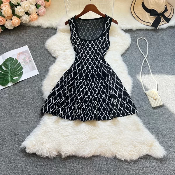 Alternative view of Women Summer Geometric Knitted A Line Mini Dress Square Collar Sleeveless