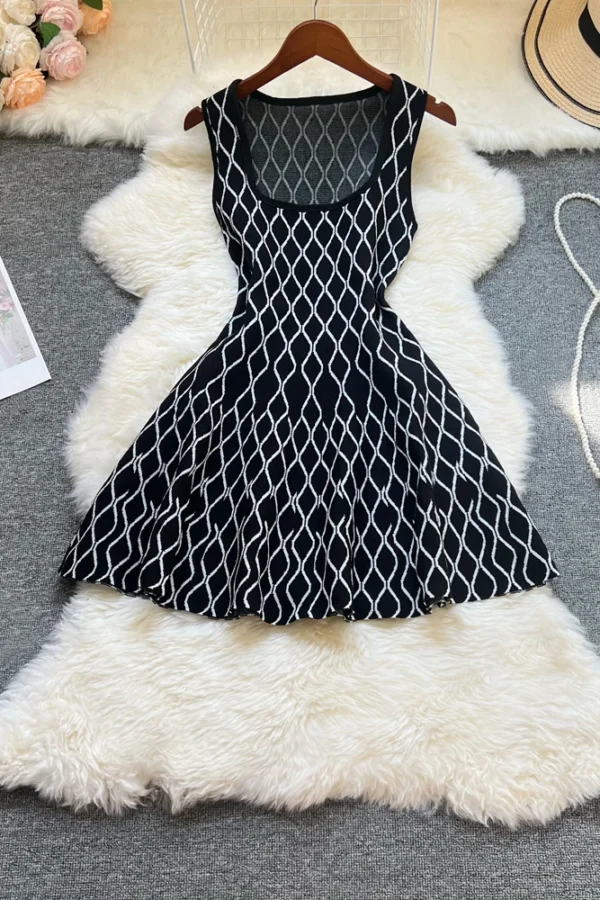 Alternative view of Women Summer Geometric Knitted A Line Mini Dress Square Collar Sleeveless