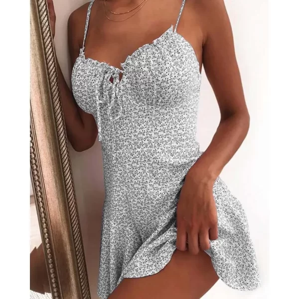 Floral Print A Line Mini Dress Spaghetti Strap Summer Beach Clothing