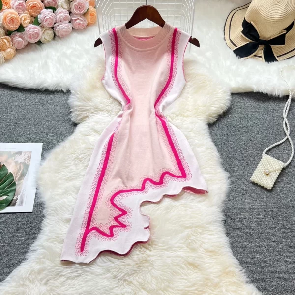 Women Knit Summer Dress Irregular Hem Geometric Pattern Sleeveless
