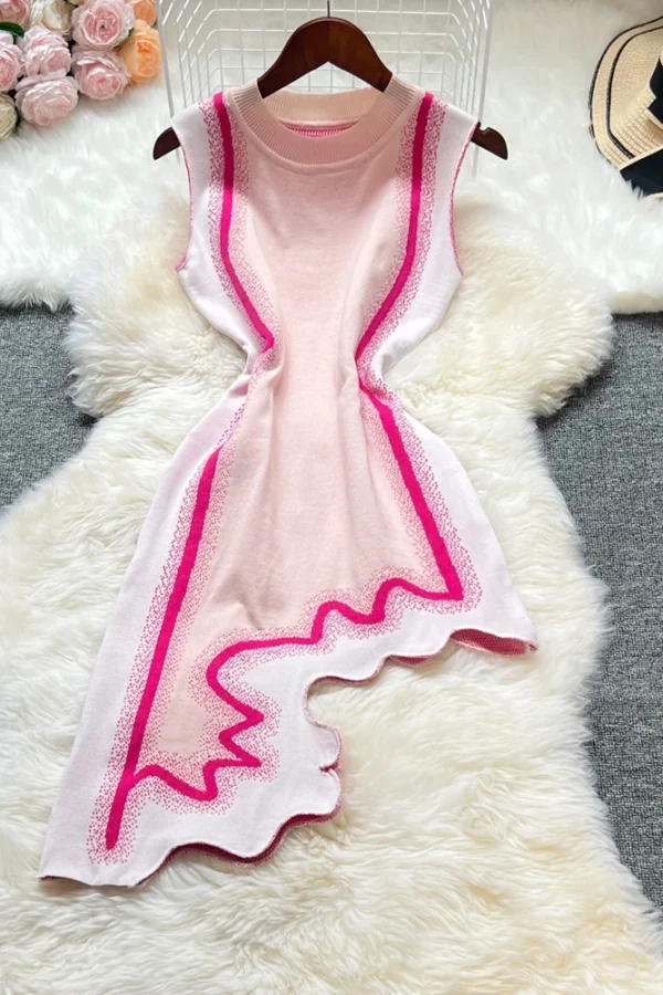 Women Knit Summer Dress Irregular Hem Geometric Pattern Sleeveless