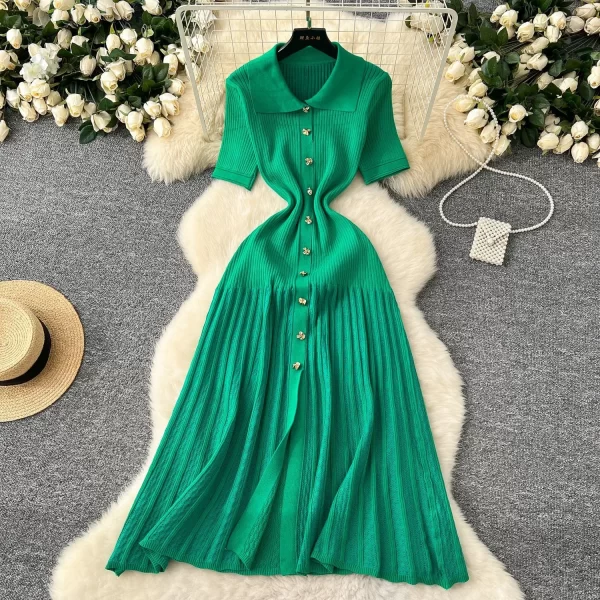 Alternative view of Elegant Knit Maxi Dress for Women Turn Down Collar Short Sleeve A Line