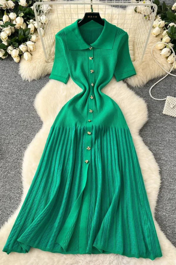 Alternative view of Elegant Knit Maxi Dress for Women Turn Down Collar Short Sleeve A Line