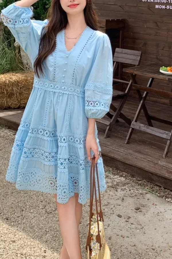 Alternative view of Vintage Elegant V-Neck Lace A Line Dress for Women Spring Summer