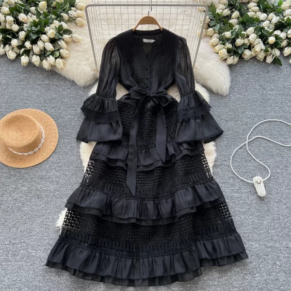 Alternative view of Womens Vintage A-Line Lace Dress V Neck Flare Sleeve Mid Calf Autumn Winter