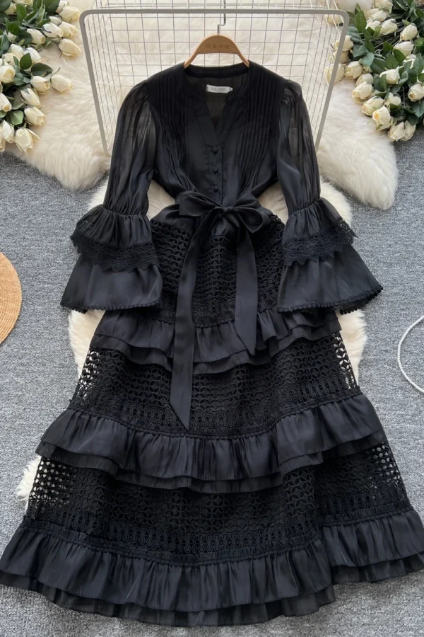 Alternative view of Womens Vintage A-Line Lace Dress V Neck Flare Sleeve Mid Calf Autumn Winter