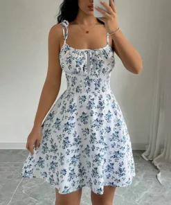 Women Summer Floral Spaghetti Strap Mini Dress A Line Casual Sundress