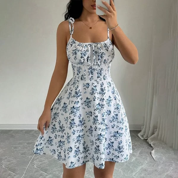 Women Summer Floral Spaghetti Strap Mini Dress A Line Casual Sundress