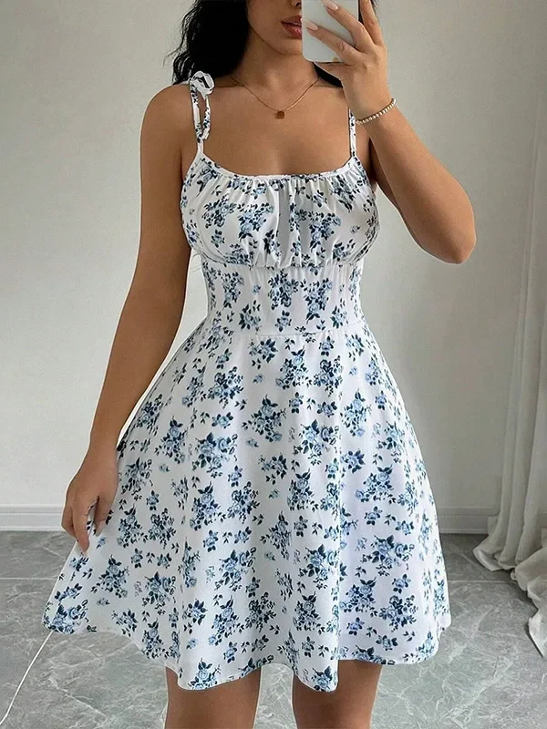 Women Summer Floral Spaghetti Strap Mini Dress A Line Casual Sundress