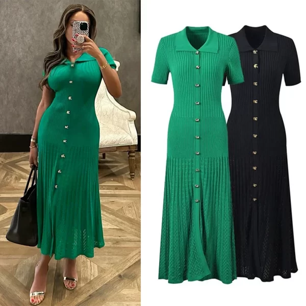Vintage Knit A Line Maxi Dress with Turn Down Collar and Button Detail