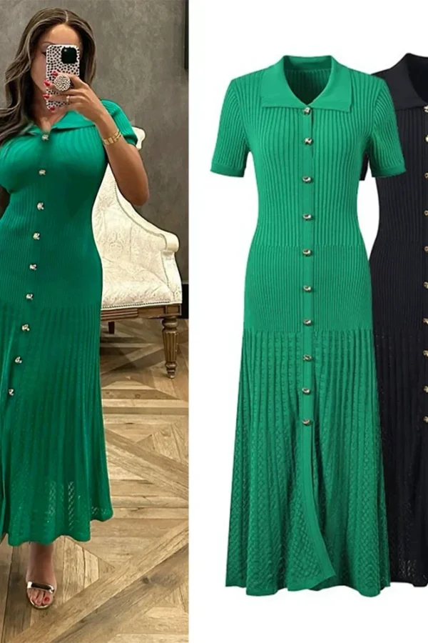 Vintage Knit A Line Maxi Dress with Turn Down Collar and Button Detail