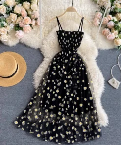 Women Summer Floral Mesh Beach Dress Spaghetti Strap Knee-Length A-Line