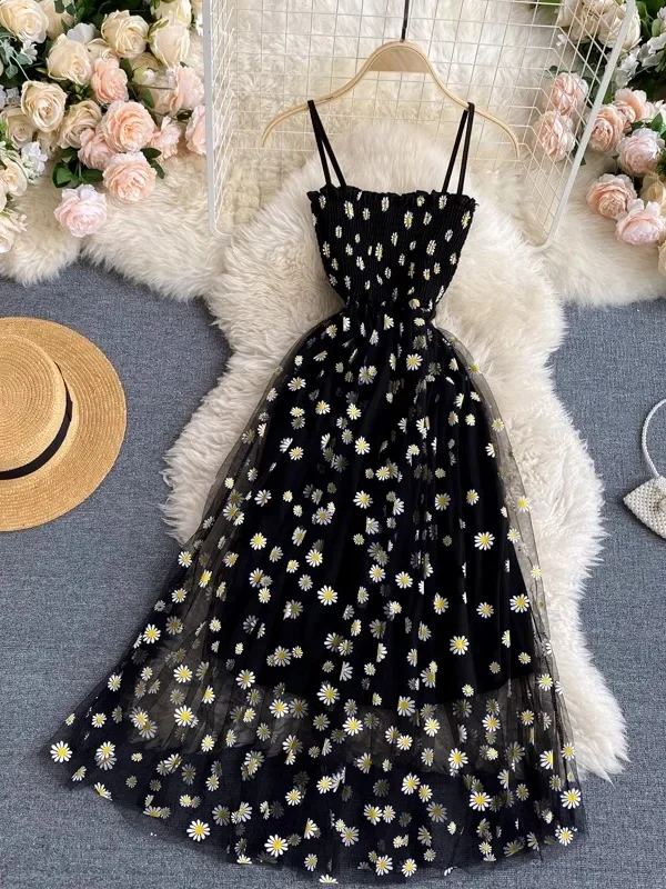 Women Summer Floral Mesh Beach Dress Spaghetti Strap Knee-Length A-Line