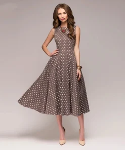 Vintage Womens Polka Dot Sleeveless Mid Calf A-Line Dress