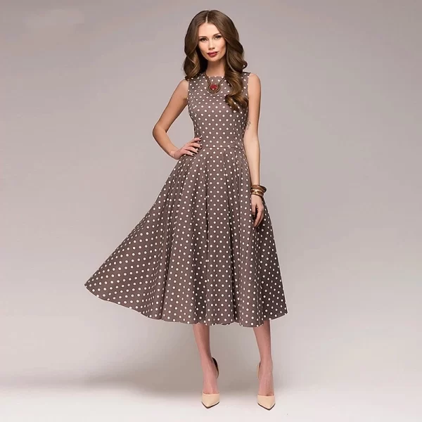 Vintage Womens Polka Dot Sleeveless Mid Calf A-Line Dress