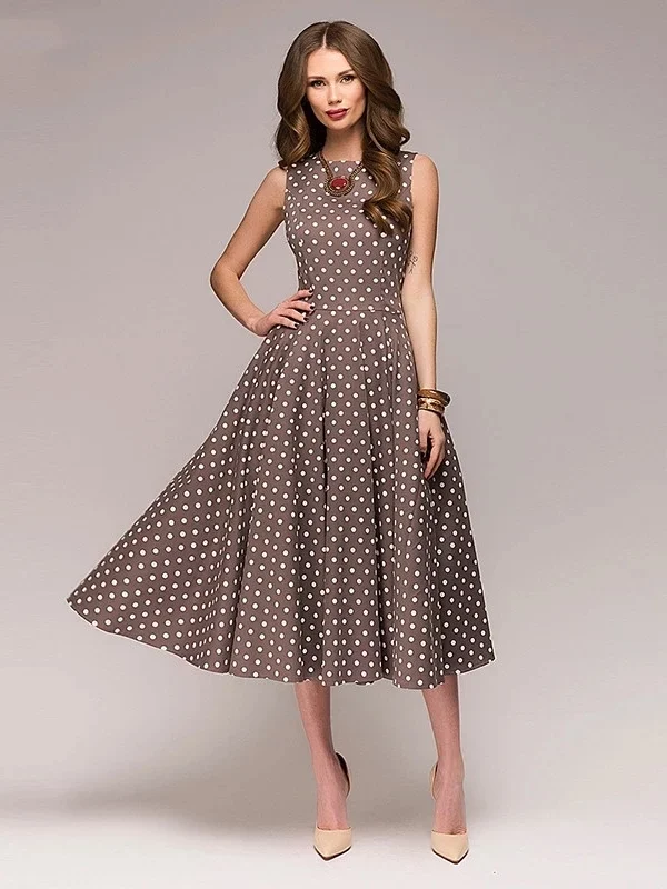 Vintage Womens Polka Dot Sleeveless Mid Calf A-Line Dress