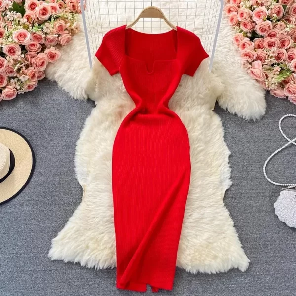 Alternative view of Square Collar Knitted Bodycon Dress for Women Summer Office Lady