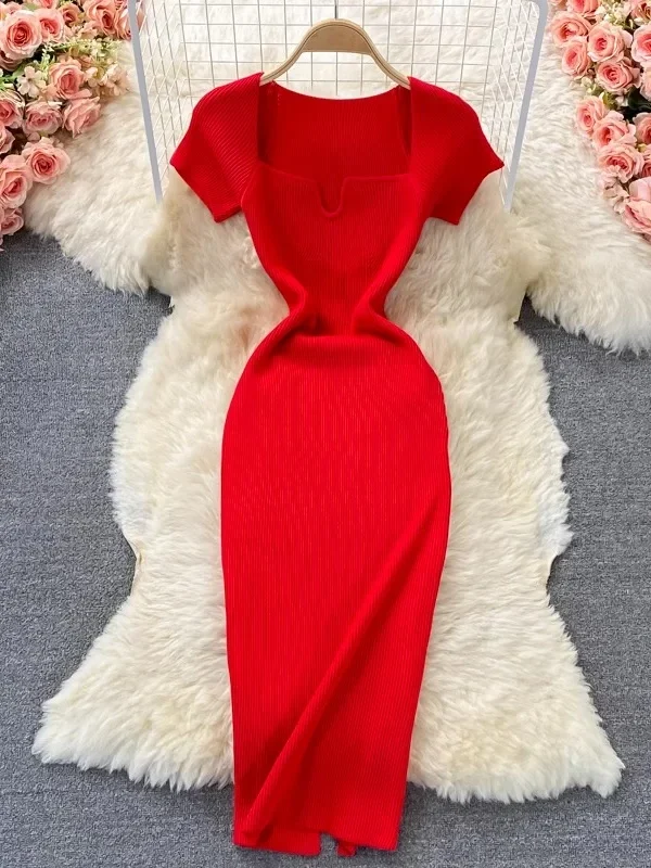 Alternative view of Square Collar Knitted Bodycon Dress for Women Summer Office Lady