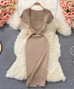 Square Collar Knitted Bodycon Dress for Women Summer Office Lady