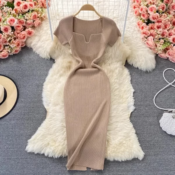 Square Collar Knitted Bodycon Dress for Women Summer Office Lady